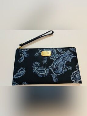 Michael Kors Blue Paisley Zip Wristlet with Gold Plaque
